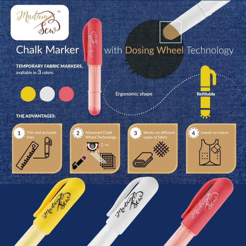 Madam Sew Refillable Tailors Chalk for Fabric - Washable Fabric Markers for Sewing and Quilting with Dosing Wheel, Tailor Chalk Pen for Precise Marking on Cotton, Knit, Suede (Yellow) - Image 2